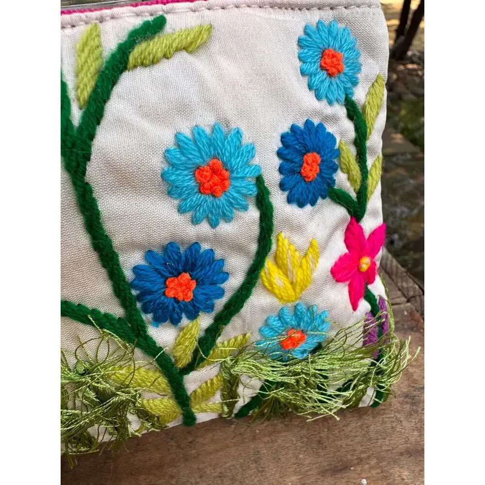 Embroidered Flower Clutch 8.5 x 5 inches wristlet strap small travel bag